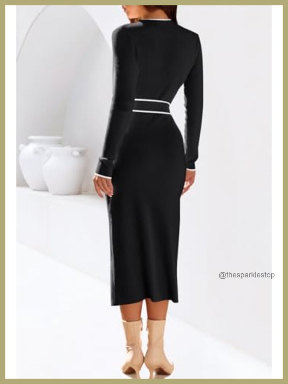 Women's Long Sleeve Bodycon Tie Waist Midi Sweater Dress Ribbed Knit Mock Neck - Picture 3 of 6